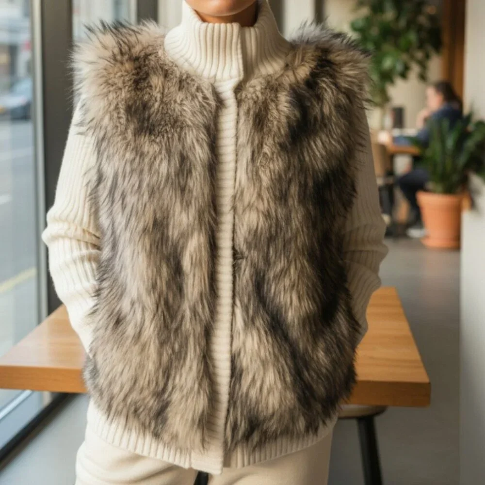 Michael Kors Fur Sweater Jacket Faux fur Cream Brown Button Up Lined Sz M - Picture 1 of 8